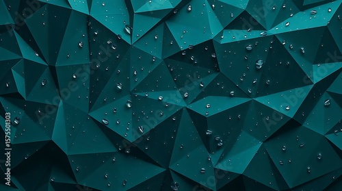 Teal Abstract Geometric Background with Low Poly 3D Triangles and Water Droplets