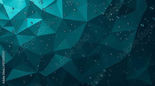 Teal Abstract Geometric Background with Low Poly 3D Triangles and Water Droplets