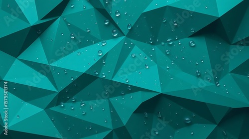 Teal Abstract Geometric Background with Low Poly 3D Triangles and Water Droplets