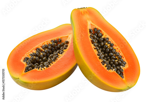 Two halves of fresh ripe papaya with visible seeds isolated on white or transparent background. PNG format.