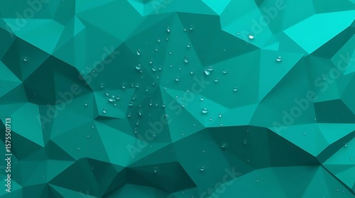 Teal Abstract Geometric Background with Low Poly 3D Triangles and Water Droplets