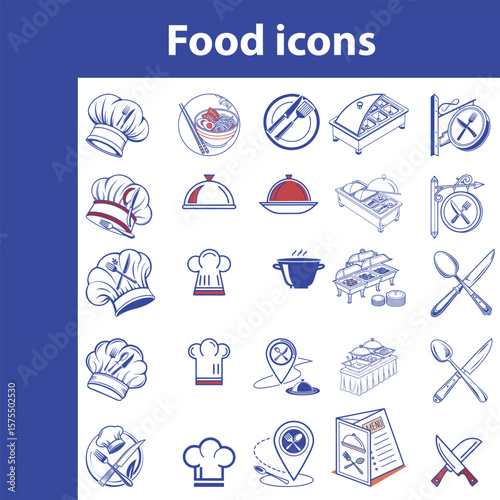 Collection of Food and Restaurant Icons in Blue and Red Outlines