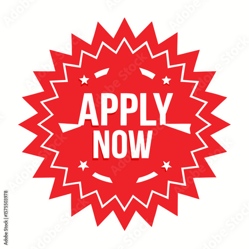 Bold red starburst badge with apply now text on a clean white background for promotions
