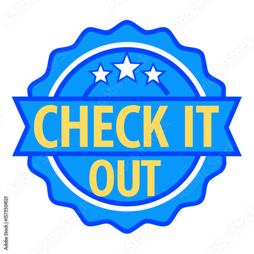 Blue promotional label with the text check it out on a clean white background