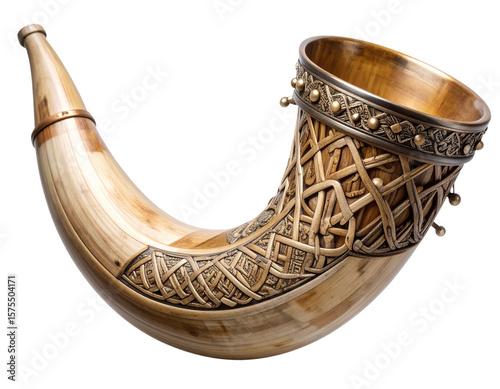 Close-Up of Ornate Viking Drinking Horn with Norse Engravings, Front View, Isolated on Transparent Background