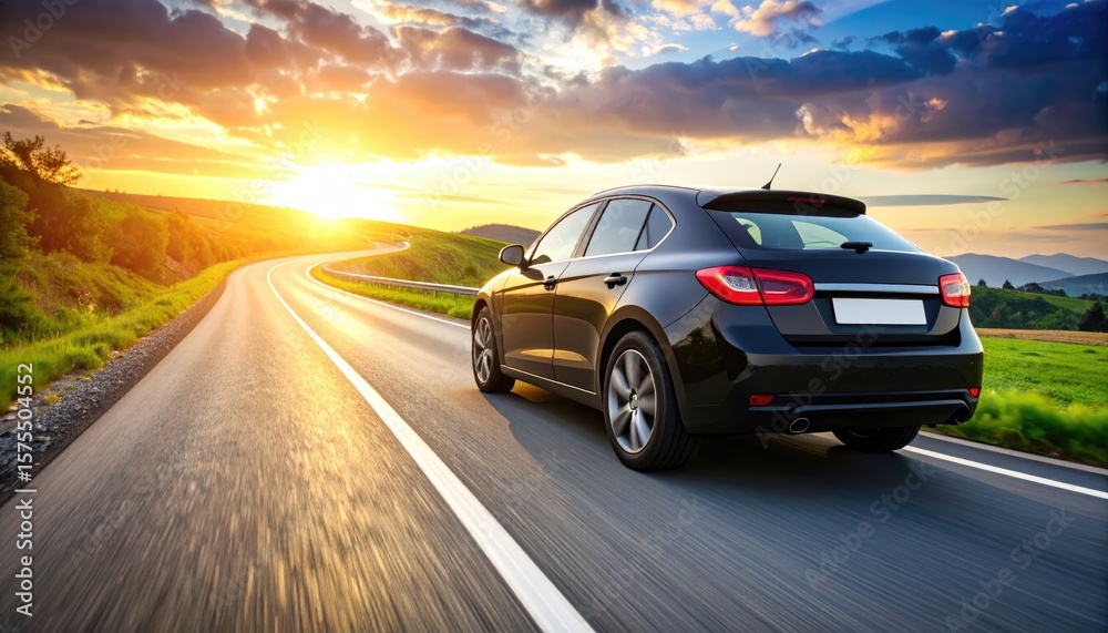 Fototapeta premium Black car on scenic road at sunset