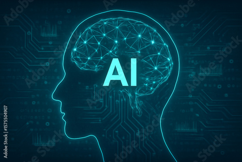 AI generated futuristic design showcasing a glowing human head silhouette wireframe brain. Neon tones illuminate the digital world of artificial intelligence, circuits, and data visualizations.