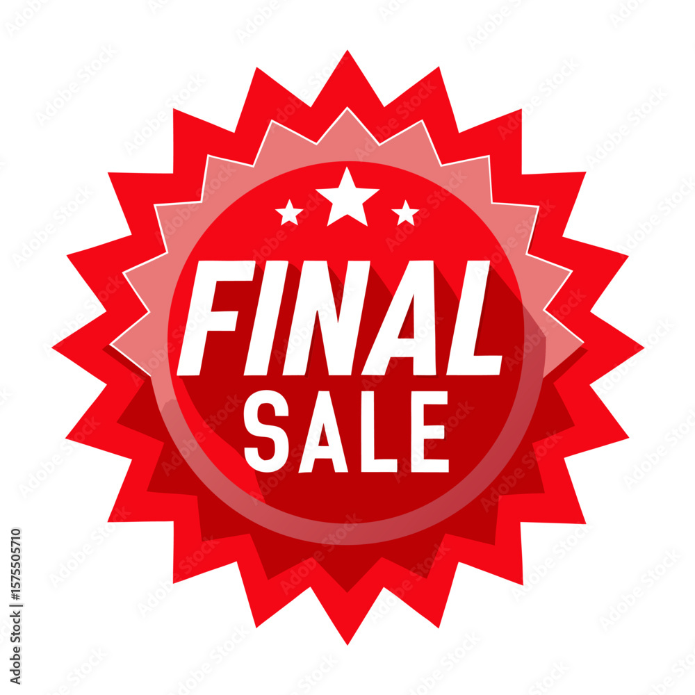 Bold red jagged edge badge announcing a final sale with white text Bold red jagged edge badge announcing a final sale with white text