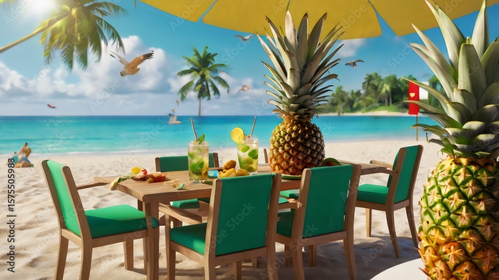 Fototapeta premium Tropical Beach Scene with Pineapple Mojitos – Refreshing Summer Cocktails, Exotic Vacation Vibes, Ocean Breeze, and Relaxing Coastal Drink Experience