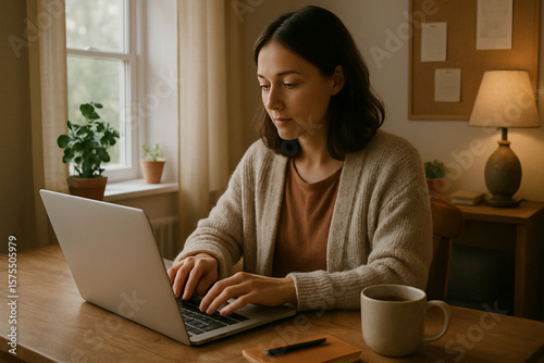 A young woman typing on a laptop in a cozy home office near a window with soft morning light. Calm and productive atmosphere, ideal for remote work or freelancing.