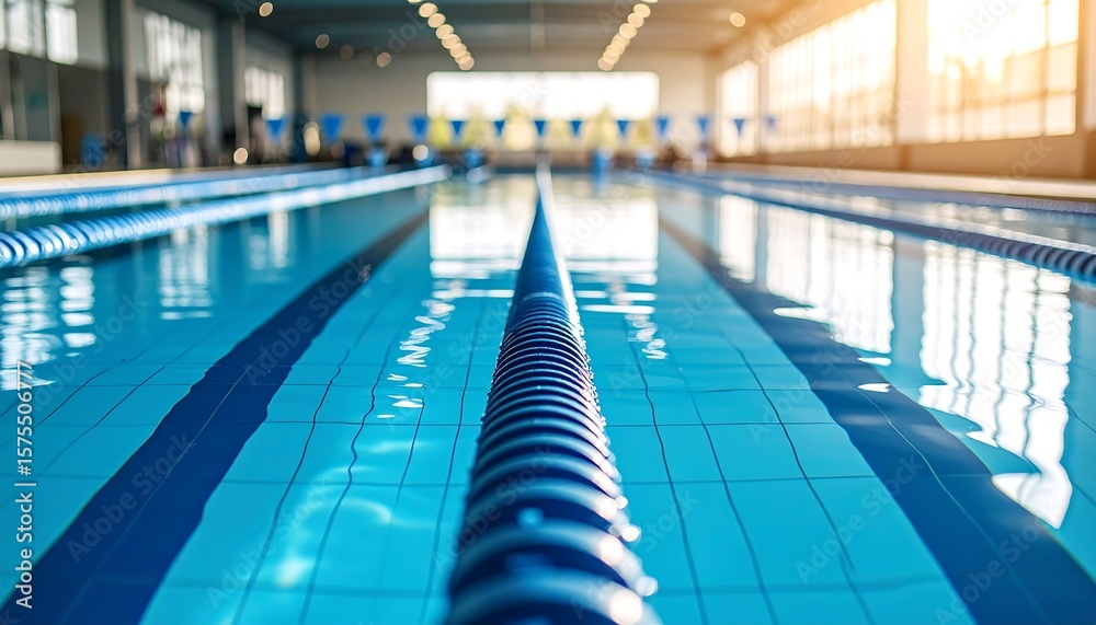 Obraz premium Empty indoor swimming pool with lane markers, water surface, and bright sunlight Sport.