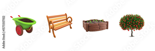 Garden Tools And Elements Set. Outdoor Landscaping And Horticulture Collection Isolated On Transparent Background