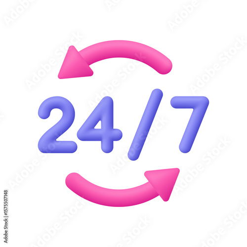 Purple numbers 24 and 7 with two pink circular arrows around them. Full time service, round the clock support and availability concept. 3d vector icon. Cartoon minimal style.