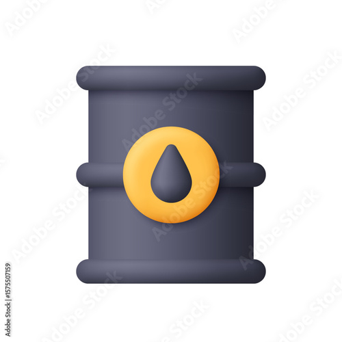 Black oil barrel with a yellow circle and black oil drop symbol. Oil drum container. Oil industry, energy resources and petroleum concept. 3d vector icon. Cartoon minimal style.