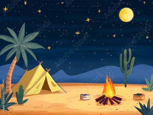 Desert Night Campfire Scene Illustration,  Starry Sky, Tent, Cactus