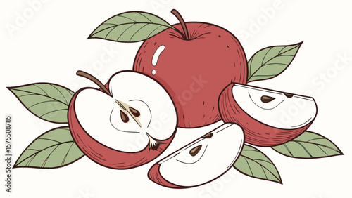 Red apple fruit illustration with slices and leaves for healthy eating and fresh food designs vector art