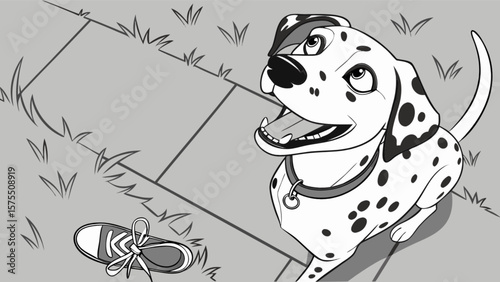 Dalmatian puppy dog playing with shoe cartoon illustration for kids coloring book page vector art design