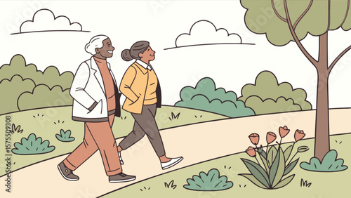 Two women enjoying a leisurely walk outdoors in nature for senior health and wellness program benefit