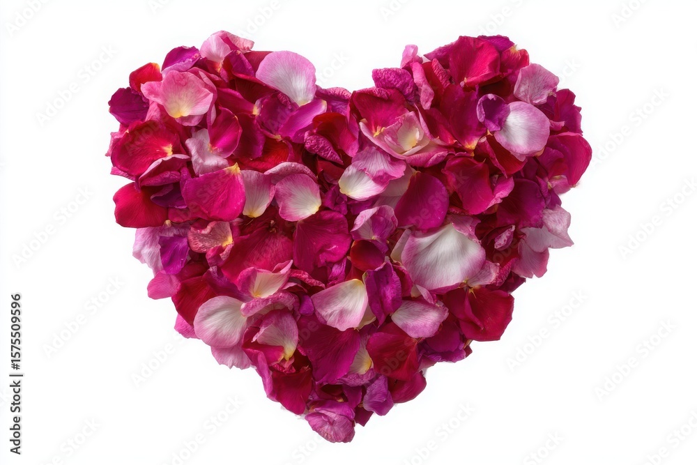 Obraz premium A heart shape formed from a beautiful arrangement of pink and red rose petals on a white background