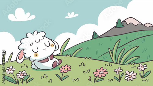 Cute bunny rabbit sleeping in a meadow cartoon illustration spring landscape animal character vector art