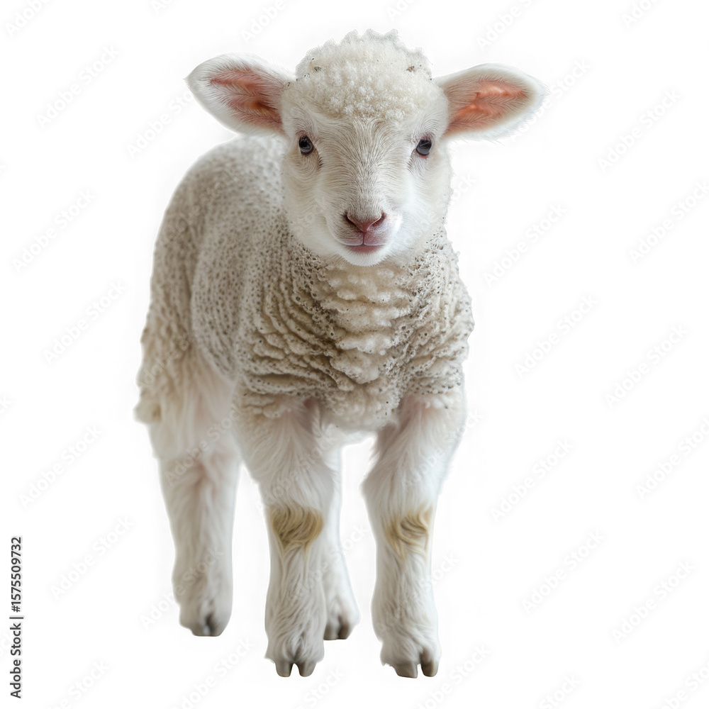 Fototapeta premium A cute fluffy white lamb standing and looking forward with big ears isolated on transparent background