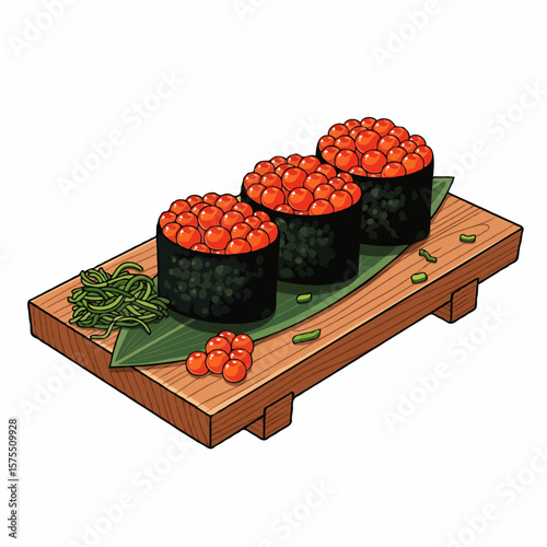 Ikura Sushi with Fresh Salmon Roe on Seasoned Rice Wrapped in Nori Seaweed
