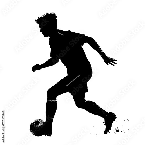 a crisp black and white silhouette of a young soccer player in motion, expertly dribbling the ball with subtle details like sock stripes and hair, capturing the dynamic essence of the game.