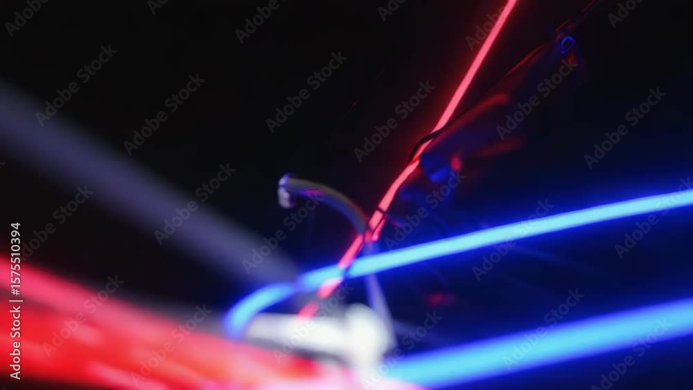 Red, white and blue neon lights crossing creating a futuristic design