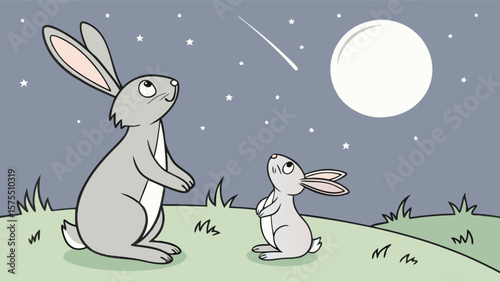 Illustration of cute bunny rabbits watching the moon and shooting star in the night sky art drawing