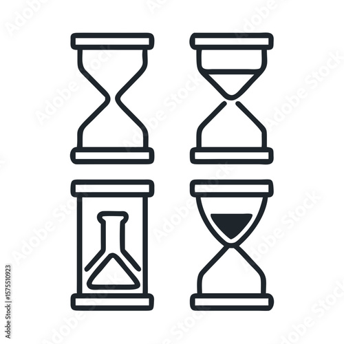 Minimalist sand timers and hourglass designs representing time, duration, and deadline concepts in clean line art.