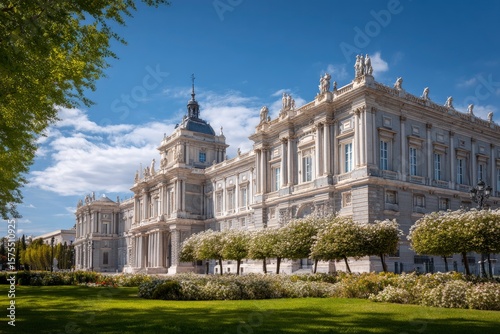Royal Palace of Madrid stands majestically amid a sunny park setting showcasing elaborate architecture and green gardens