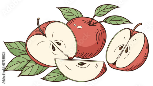 Fresh red apple fruit vector illustration with slices and leaves for healthy eating and organic food design
