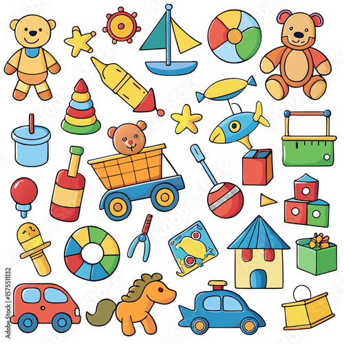 Colorful assortment of children's toys arranged creatively, ideal for a cheerful design element in playful themes or childhood-related projects.