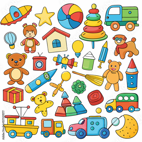 Playful doodle art featuring a variety of colorful toys, perfect for children's designs, backgrounds, or cheerful creative projects.