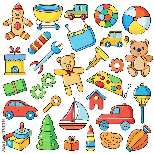 Whimsical toy collection design, featuring various colorful cartoonish toys perfect for children's designs, playful backgrounds, and educational projects.