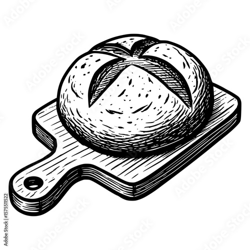Rustic Artisan Bread Loaf on Wooden Cutting Board Hand Drawn style Vector Illustration for Bakery & Kitchen
