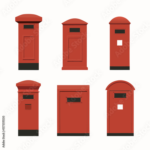 Various red British mailboxes, showcasing vintage postal designs for logo design or icon sets focusing on delivery and correspondence services.