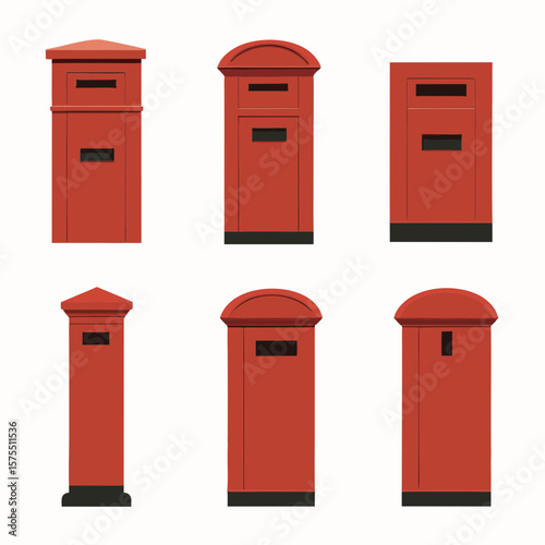 Collection of British post boxes creates a charming vintage symbol, perfect for graphic designs, historic themes, or travel-related projects.