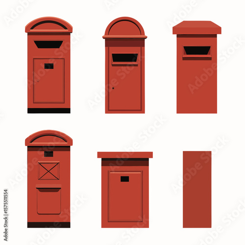 Collection of red postal box designs showcasing variations for mail delivery systems, suitable for graphic design, icons, and communication themes.