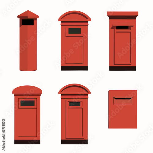 Six variations of classic red mailbox designs suitable for postal service graphics or web design elements.