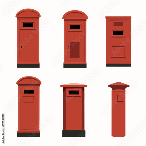 A collection of British red post boxes, showing a classic symbol of postal service and urban design ideal for branding.
