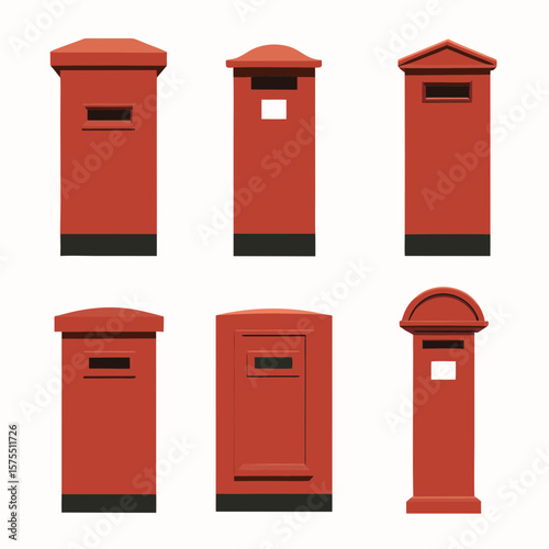 Depicts multiple red British post boxes, ideal for graphic design projects related to mail, postal service, or United Kingdom themes.