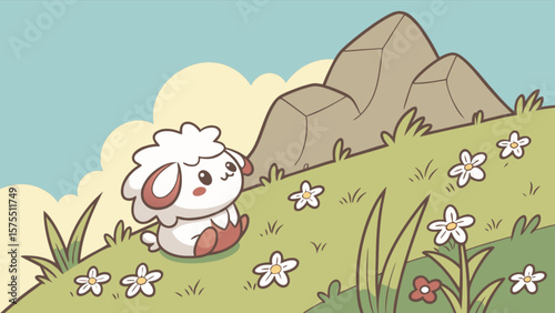 Cute cartoon sheep character in a field of flowers illustration for kids and children art design