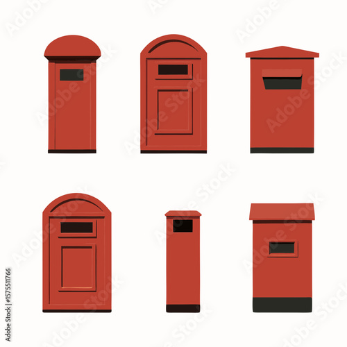 Six red mailboxes in a graphic set are perfect for branding, icons, web design projects, or any application needing clear and scalable postal symbols.