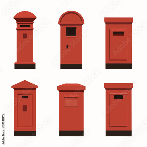 Collection of British post boxes in a flat design suitable for graphic projects, postal themed websites or icons.