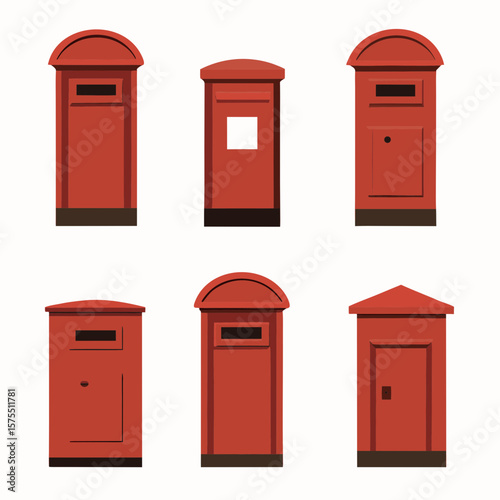 Collection of red mailboxes offers a classic, versatile design element for postal themes, branding, and website icons, suitable for diverse graphic projects.