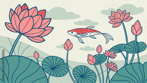 Beautiful lotus flower and fish illustration in pond scene, nature and zen garden drawing design concept art