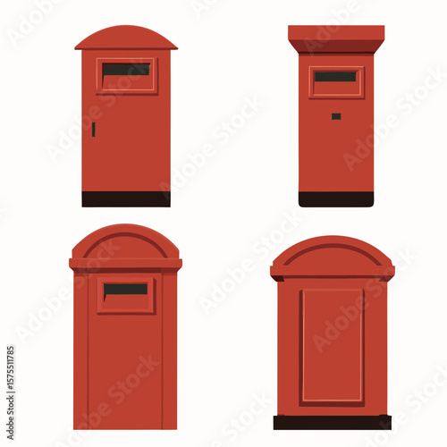 Four variations of a classic red mailbox design are presented for graphic use, embodying communication and heritage, ideal for logo or website accents.