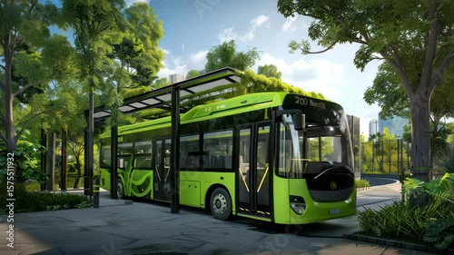 Lime green electric bus at ecofriendly bus stop