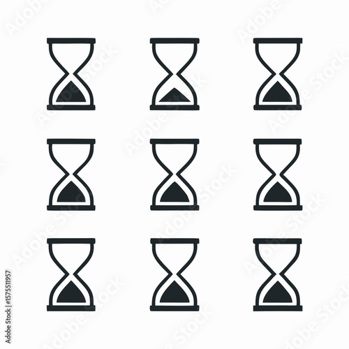 Time passing graphic showing hourglasses with varied sand levels representing different stages of time for clock, deadline, and planning concepts.